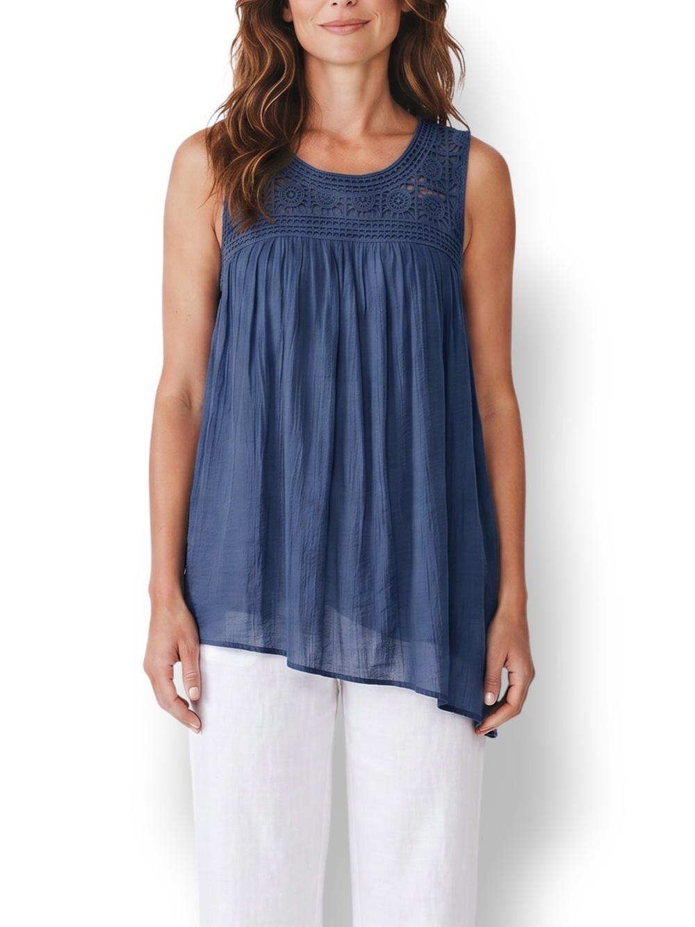 4/$20 OSO Casuals Blue Crochet Yoke Asymmetrical Tunic Top Size M